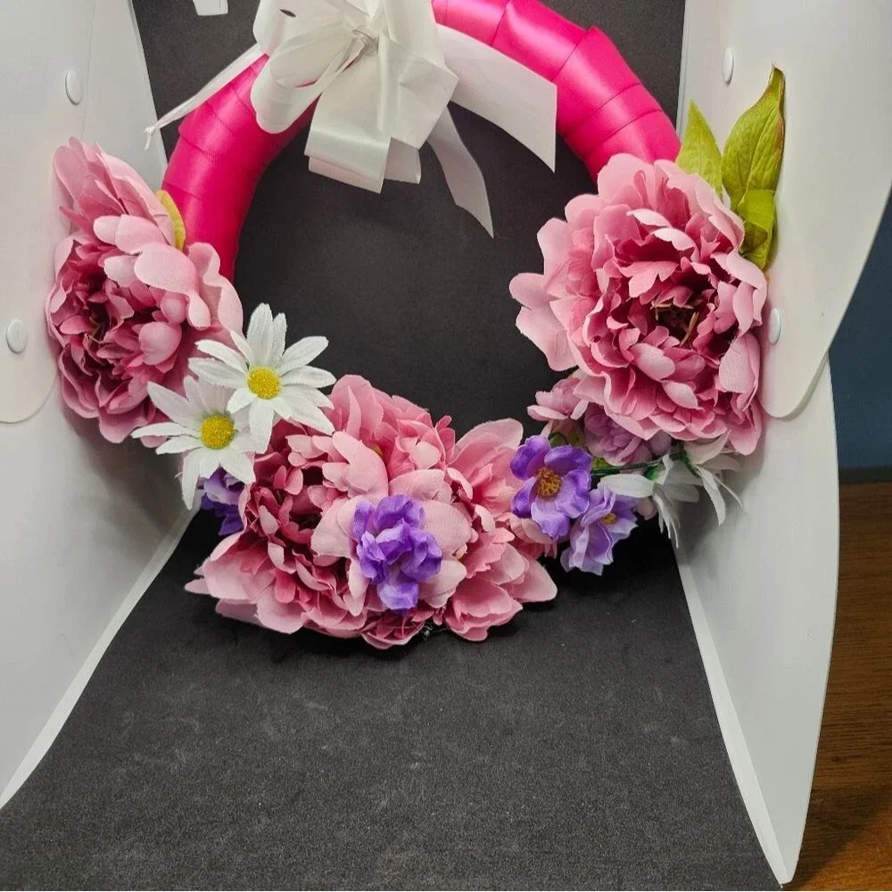 Hand Crafted Pink Peony Daisy Floral Wreath Summer Door Wall Decoration